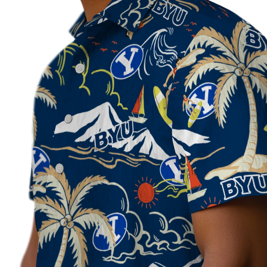 BYU Cougars Hawaiian Shirt - Palm Tree Island byu cougars palm tree island blue hawaiian shirts trendy