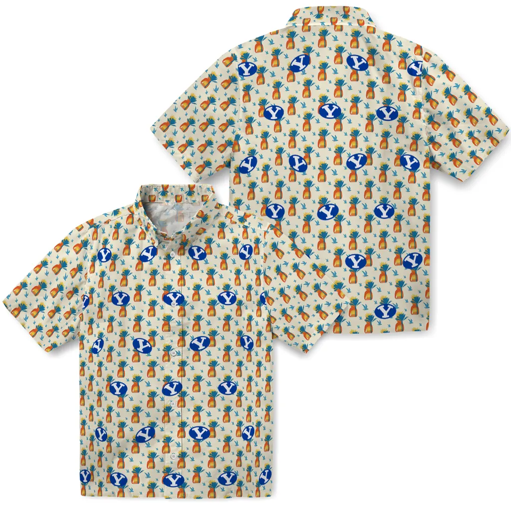 BYU Cougars Hawaiian Shirt - Pineapple Delight byu cougars pineapple delight beige hawaiian shirts high quality