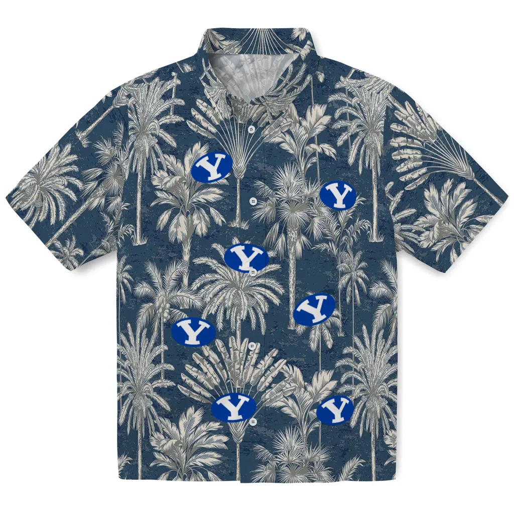 BYU Cougars Hawaiian Shirt - Vintage Palm Tree byu cougars palm shadows blue hawaiian shirts best selling
