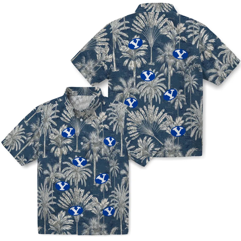 BYU Cougars Hawaiian Shirt - Vintage Palm Tree byu cougars palm shadows blue hawaiian shirts high quality
