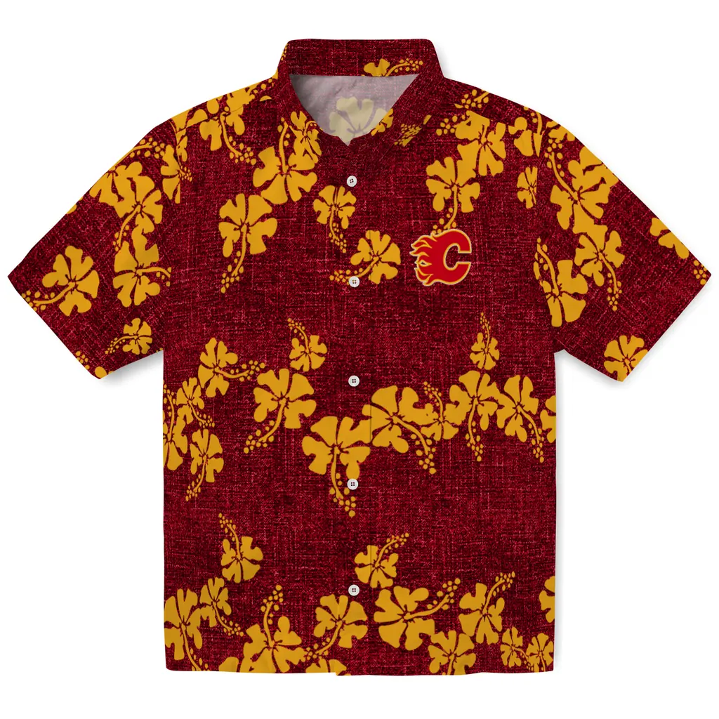 Calgary Flames Hawaiian Shirt - 50th State Flower calgary flames hibiscus petals red hawaiian shirts best selling