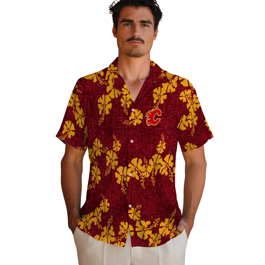 Calgary Flames Hawaiian Shirt - 50th State Flower calgary flames hibiscus petals red hawaiian shirts fashion forward