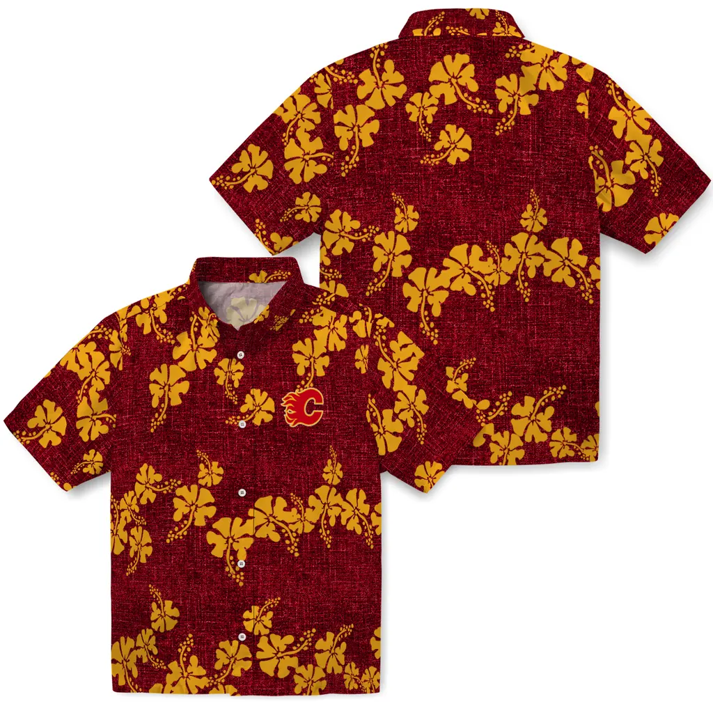 Calgary Flames Hawaiian Shirt - 50th State Flower calgary flames hibiscus petals red hawaiian shirts high quality
