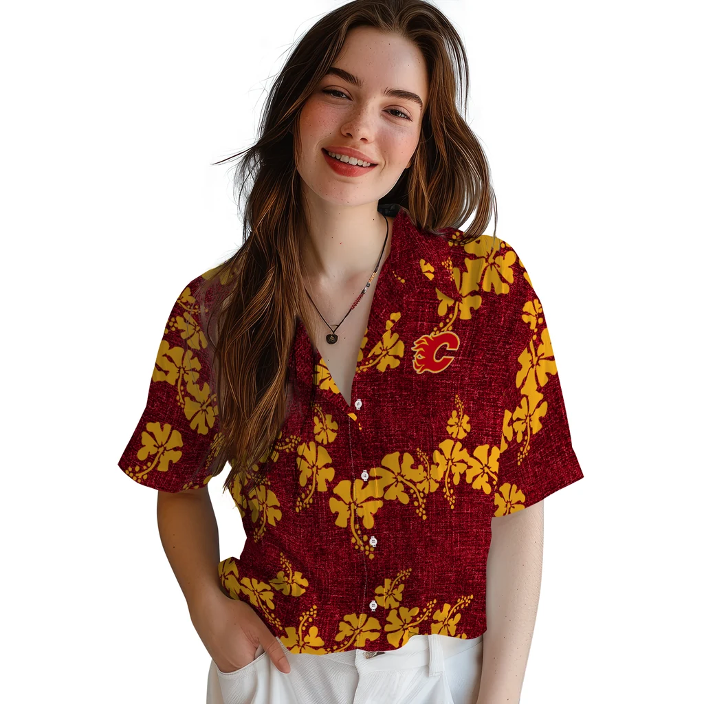 Calgary Flames Hawaiian Shirt - 50th State Flower calgary flames hibiscus petals red hawaiian shirts latest model