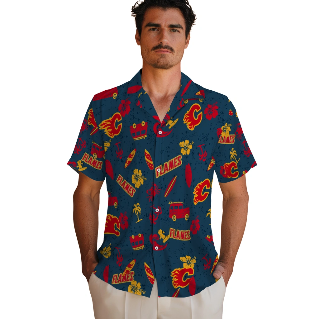 Calgary Flames Hawaiian Shirt - Beach Vibe calgary flames beach vibe navy hawaiian shirts fashion forward