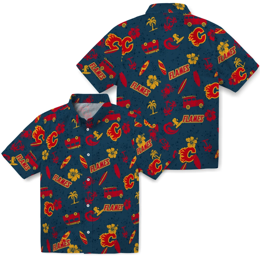 Calgary Flames Hawaiian Shirt - Beach Vibe calgary flames beach vibe navy hawaiian shirts high quality