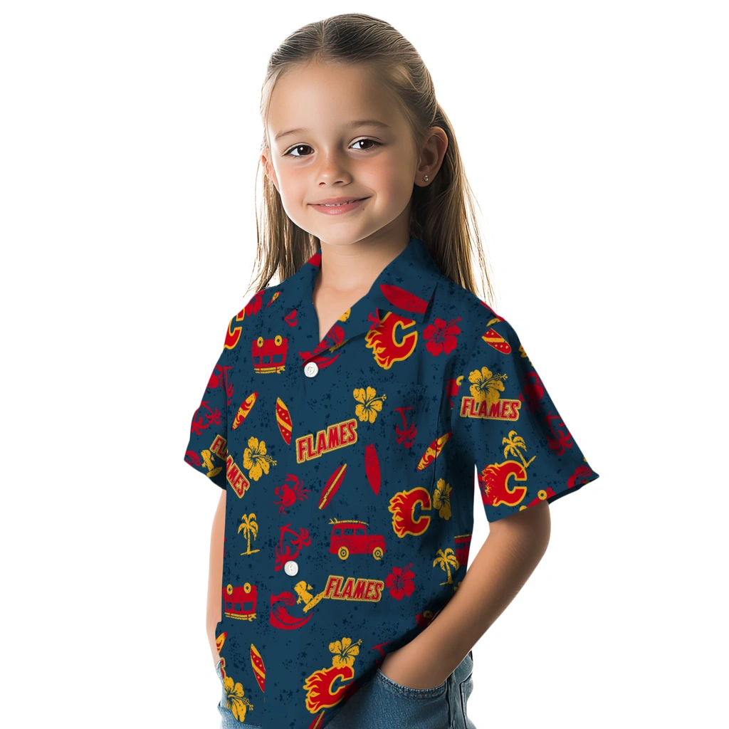 Calgary Flames Hawaiian Shirt - Beach Vibe calgary flames beach vibe navy hawaiian shirts premium grade