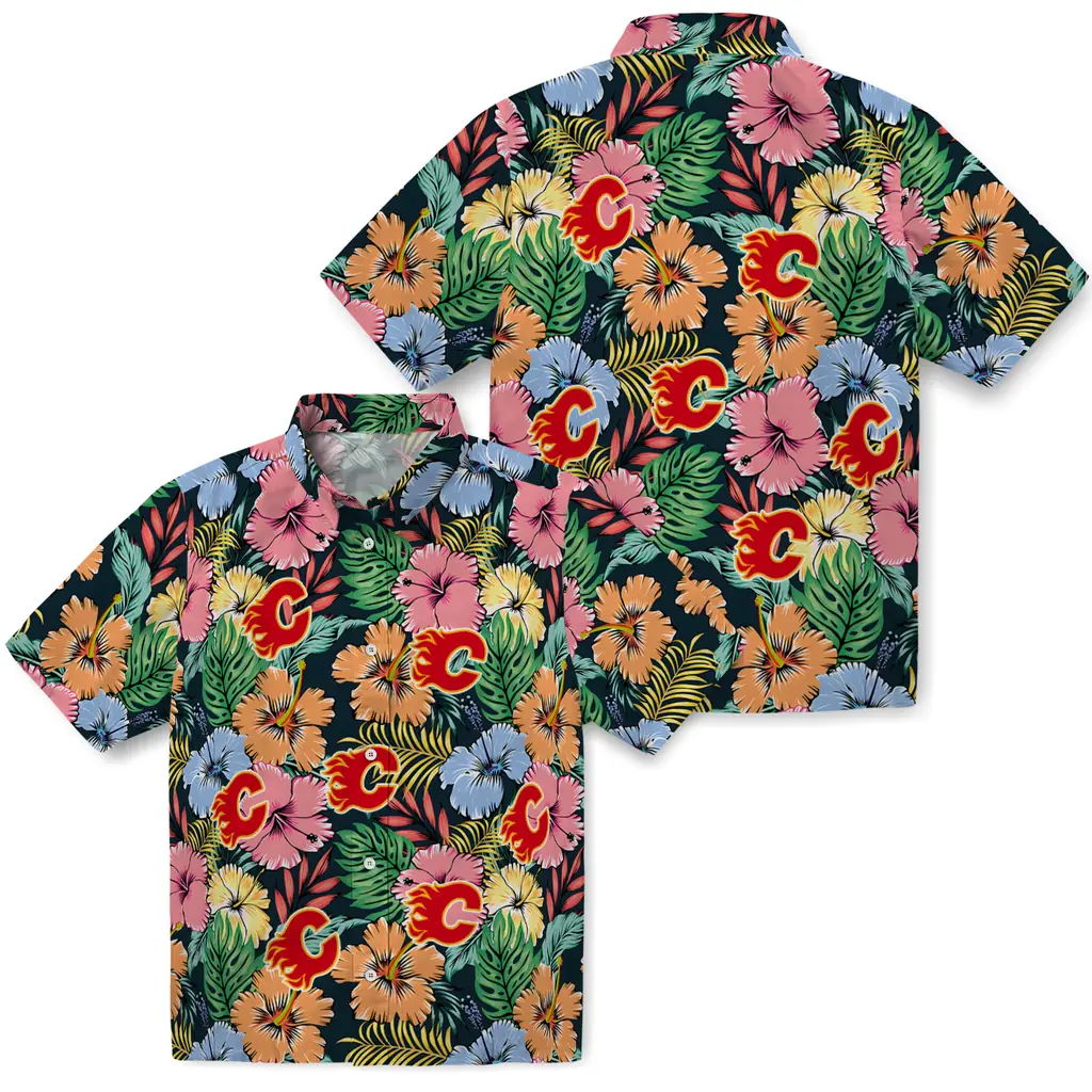 Calgary Flames Hawaiian Shirt - Brilliant Hibiscus Garden calgary flames brilliant hibiscus garden hawaiian shirts high quality