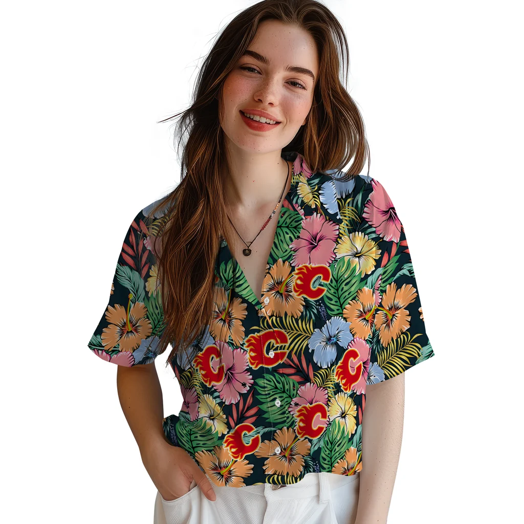 Calgary Flames Hawaiian Shirt - Brilliant Hibiscus Garden calgary flames brilliant hibiscus garden hawaiian shirts latest model