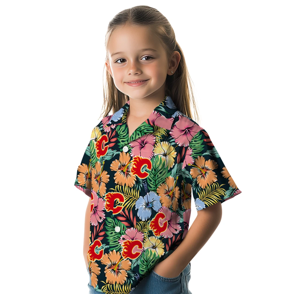 Calgary Flames Hawaiian Shirt - Brilliant Hibiscus Garden calgary flames brilliant hibiscus garden hawaiian shirts premium grade