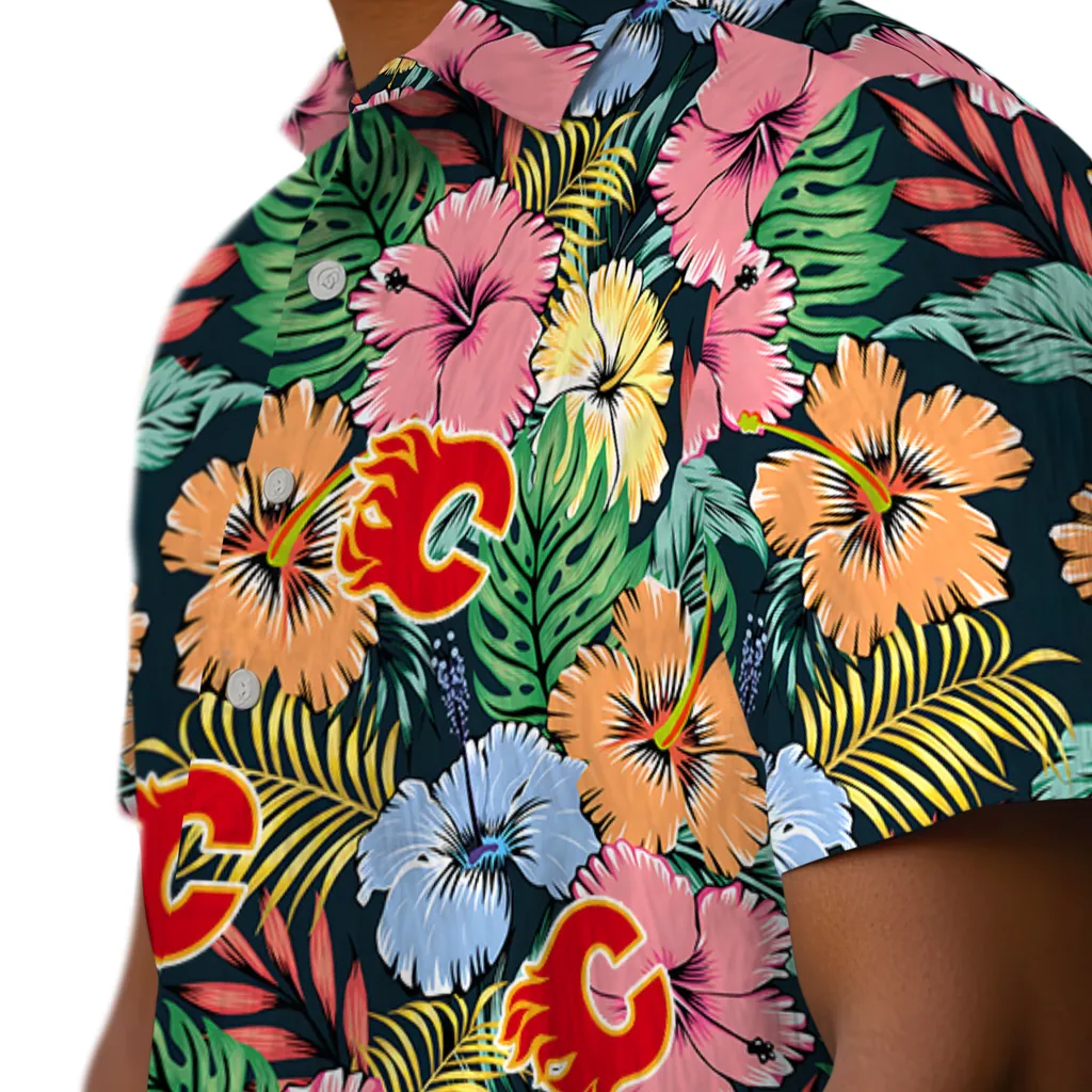 Calgary Flames Hawaiian Shirt - Brilliant Hibiscus Garden calgary flames brilliant hibiscus garden hawaiian shirts trendy