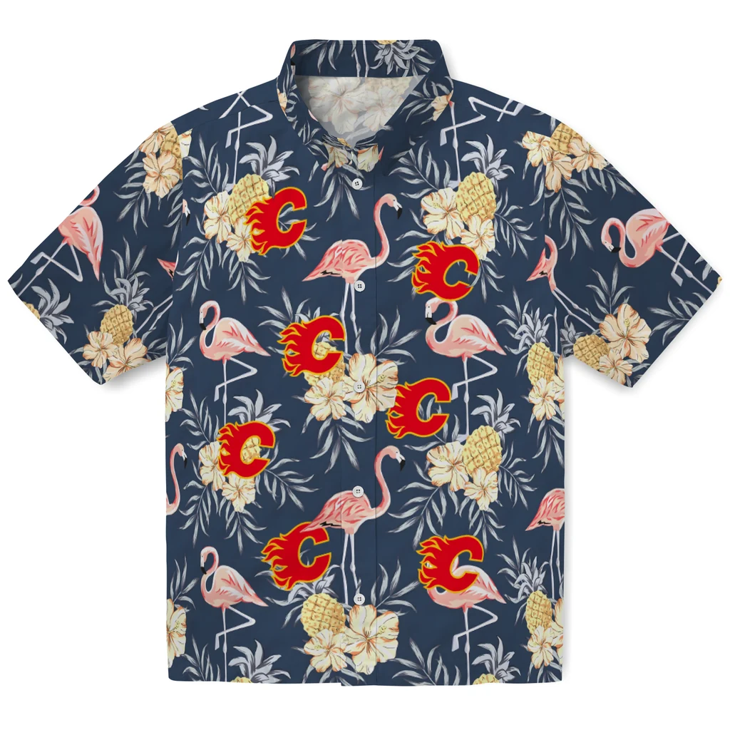 Calgary Flames Hawaiian Shirt - Flamingo Hibiscus calgary flames flamingo hibiscus navy hawaiian shirts best selling