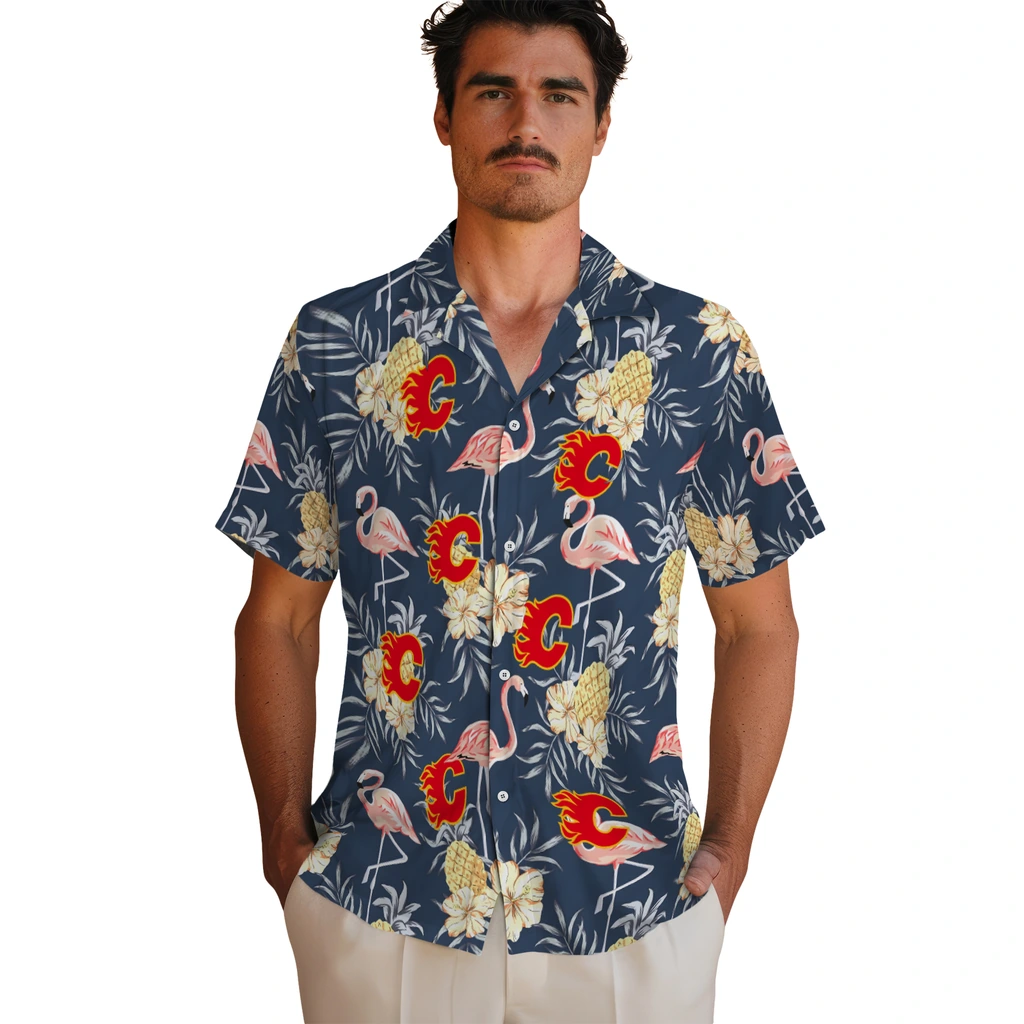 Calgary Flames Hawaiian Shirt - Flamingo Hibiscus calgary flames flamingo hibiscus navy hawaiian shirts fashion forward
