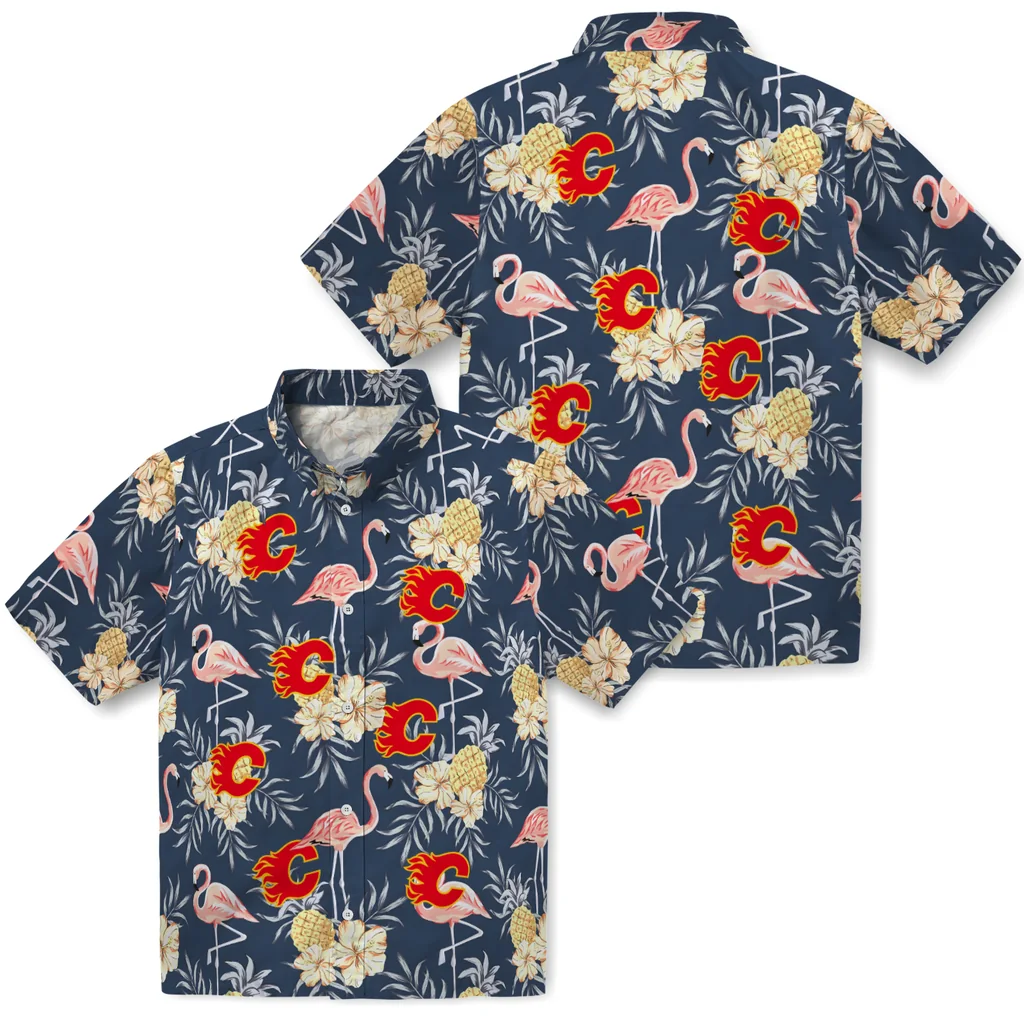 Calgary Flames Hawaiian Shirt - Flamingo Hibiscus calgary flames flamingo hibiscus navy hawaiian shirts high quality