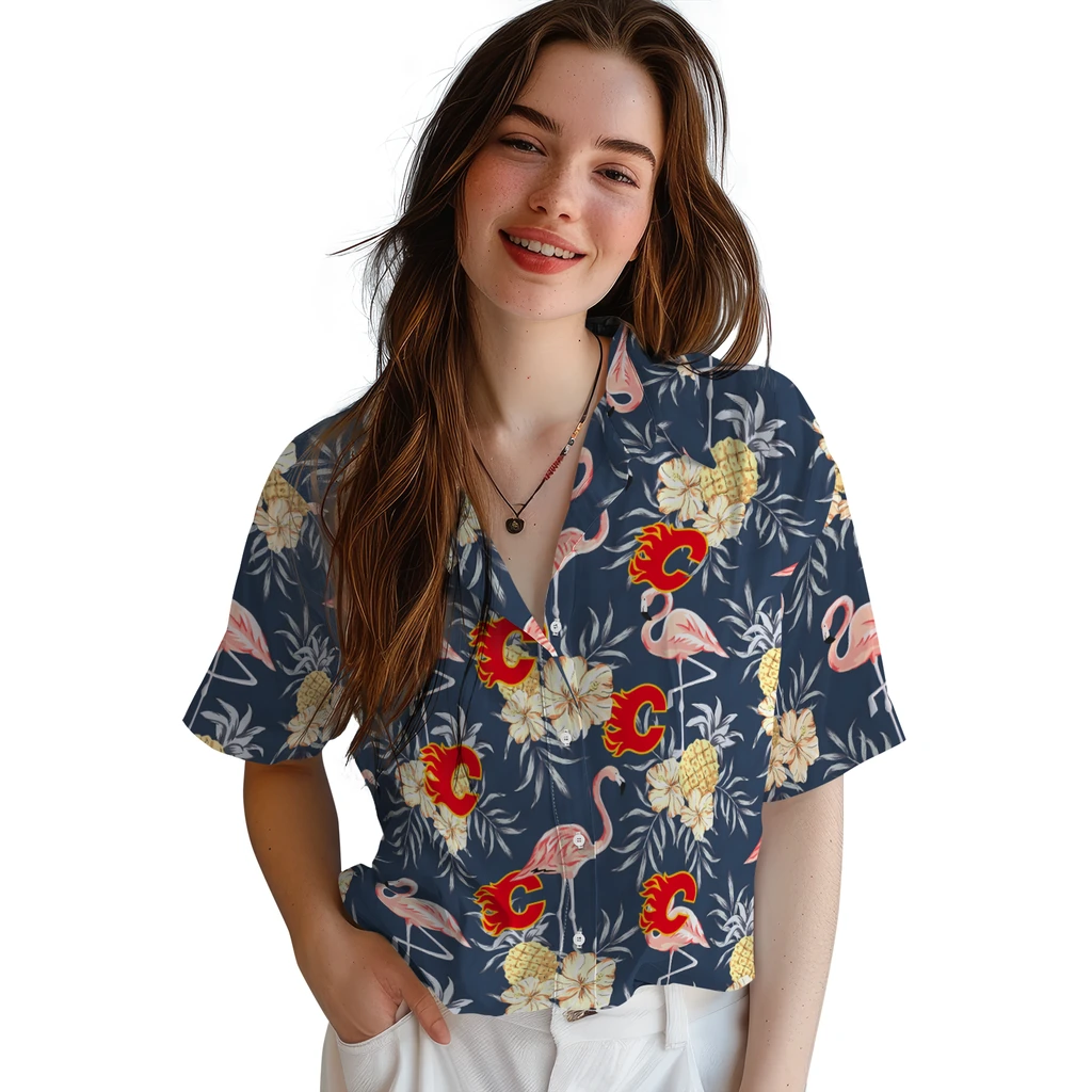 Calgary Flames Hawaiian Shirt - Flamingo Hibiscus calgary flames flamingo hibiscus navy hawaiian shirts latest model