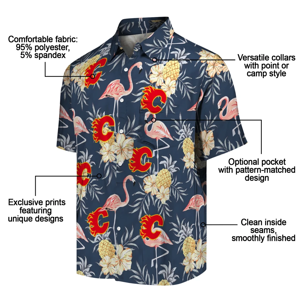 Calgary Flames Hawaiian Shirt - Flamingo Hibiscus calgary flames flamingo hibiscus navy hawaiian shirts new arrival