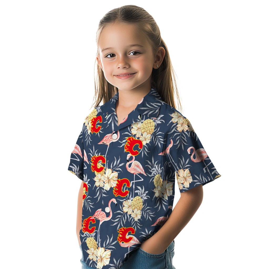 Calgary Flames Hawaiian Shirt - Flamingo Hibiscus calgary flames flamingo hibiscus navy hawaiian shirts premium grade