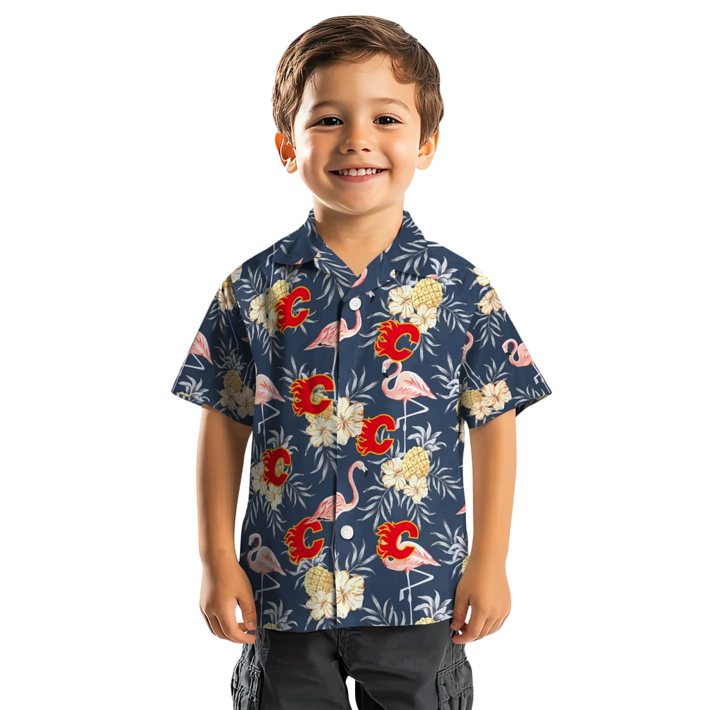 Calgary Flames Hawaiian Shirt - Flamingo Hibiscus calgary flames flamingo hibiscus navy hawaiian shirts top rated