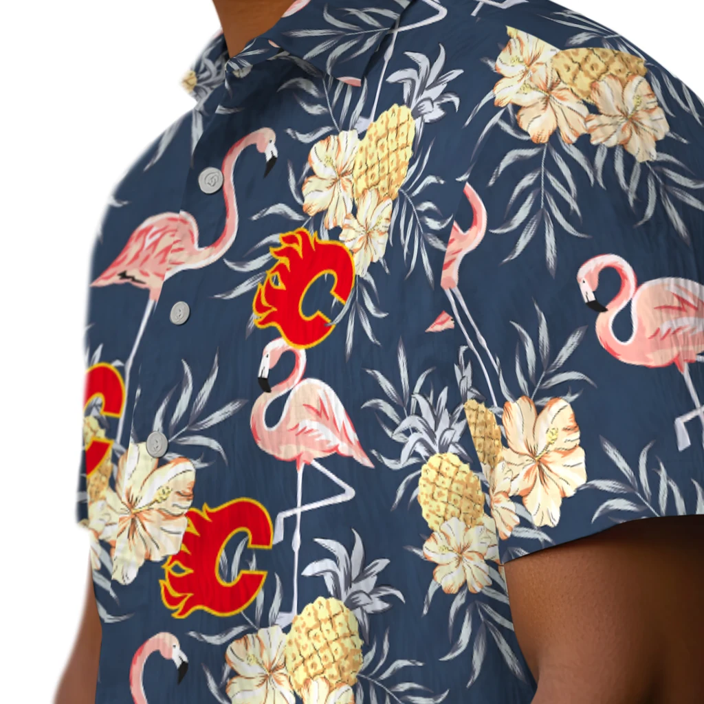 Calgary Flames Hawaiian Shirt - Flamingo Hibiscus calgary flames flamingo hibiscus navy hawaiian shirts trendy