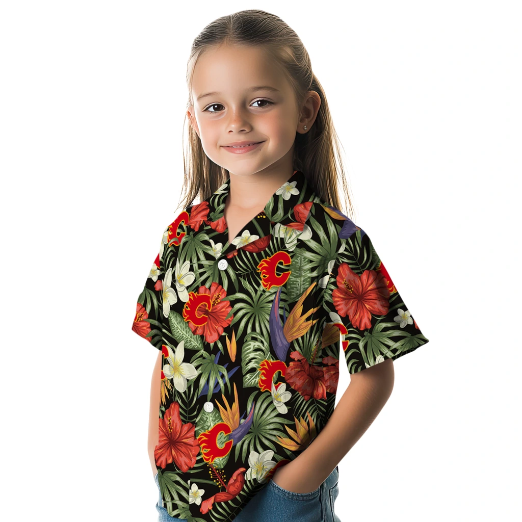 Calgary Flames Hawaiian Shirt - Hawaii Floral Hibiscus calgary flames hibiscus bird hawaiian shirts premium grade