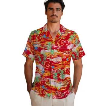 calgary flames flamingo retreat red hawaiian shirts fashion forward