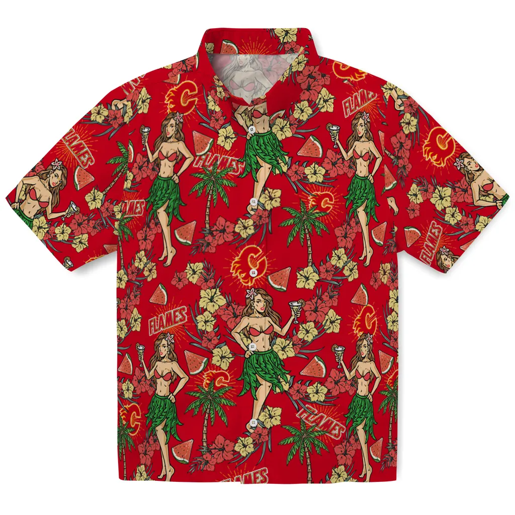 Calgary Flames Hawaiian Shirt - Hawaiian Girls Design calgary flames hawaiian girls design red hawaiian shirts best selling