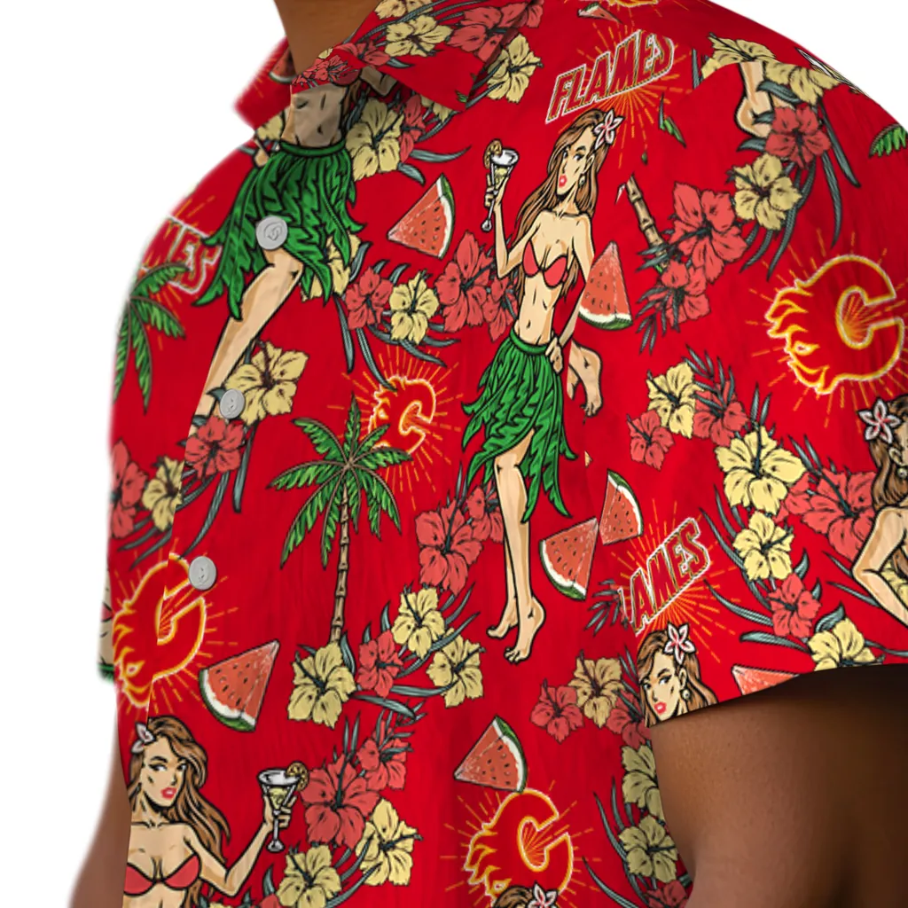 Calgary Flames Hawaiian Shirt - Hawaiian Girls Design calgary flames hawaiian girls design red hawaiian shirts trendy