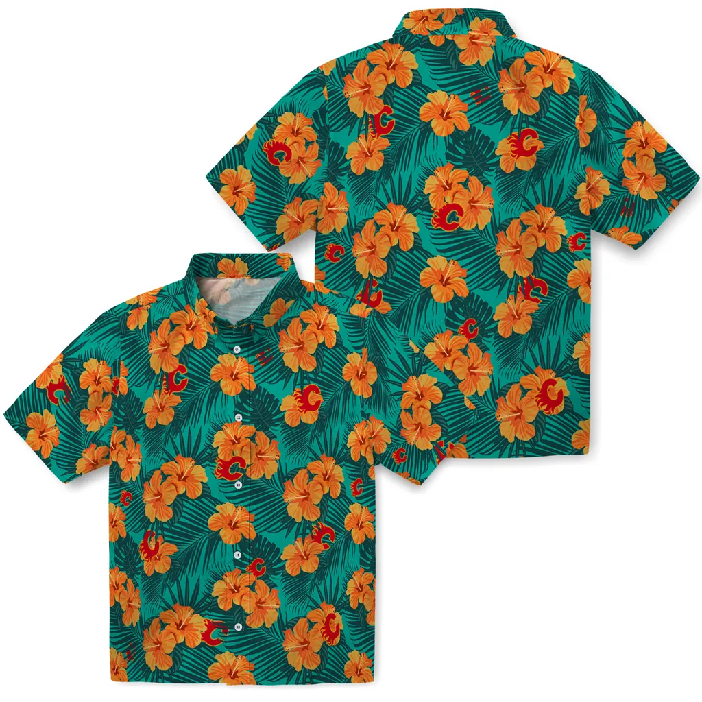 Calgary Flames Hawaiian Shirt - Hibiscus and Palm Leaves calgary flames hibiscus escape green hawaiian shirts high quality