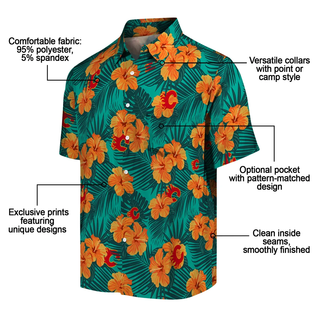 Calgary Flames Hawaiian Shirt - Hibiscus and Palm Leaves calgary flames hibiscus escape green hawaiian shirts new arrival