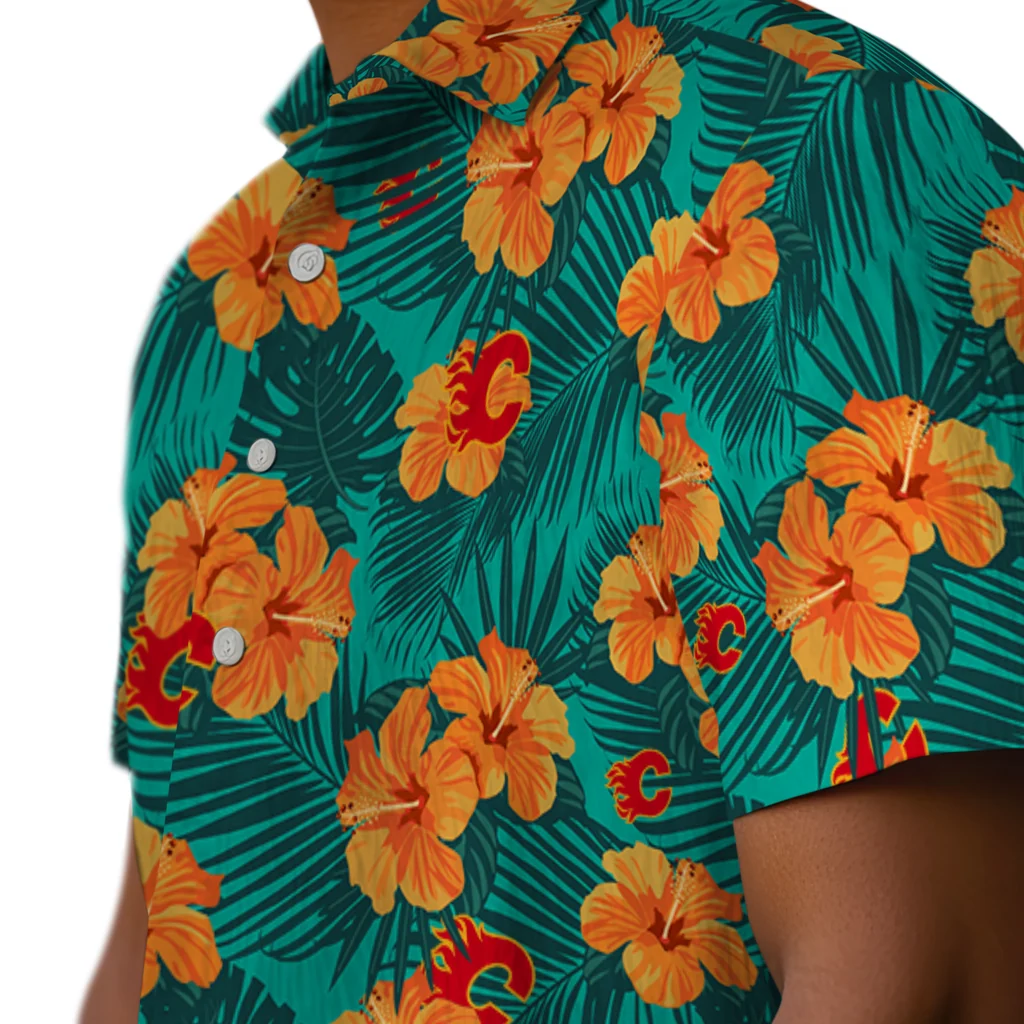 Calgary Flames Hawaiian Shirt - Hibiscus and Palm Leaves calgary flames hibiscus escape green hawaiian shirts trendy