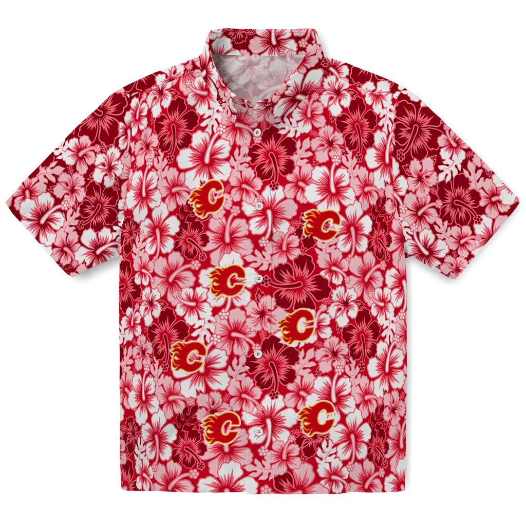 Calgary Flames Hawaiian Shirt - Hibiscus Blooms calgary flames hibiscus blooms red hawaiian shirts best selling