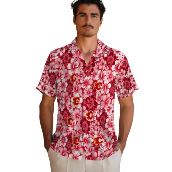 calgary flames hibiscus blooms red hawaiian shirts fashion forward