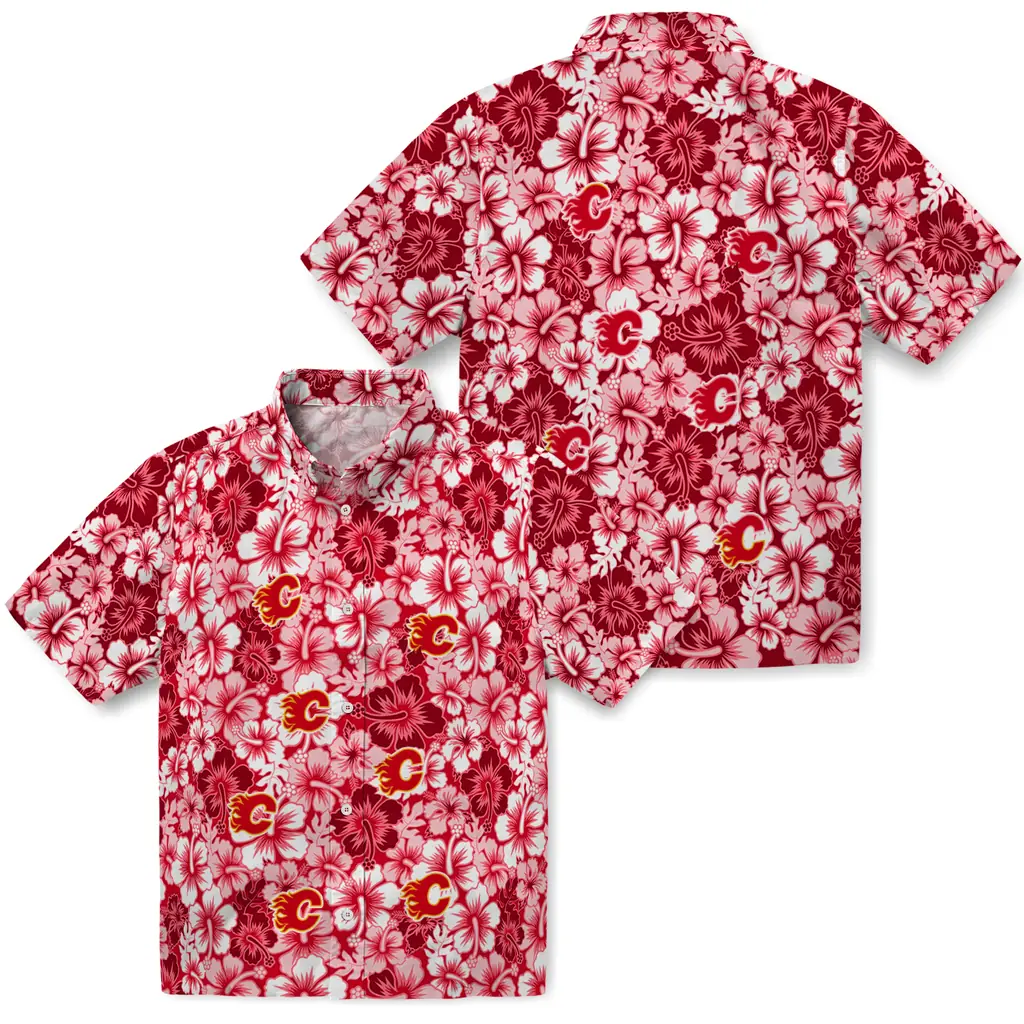 Calgary Flames Hawaiian Shirt - Hibiscus Blooms calgary flames hibiscus blooms red hawaiian shirts high quality
