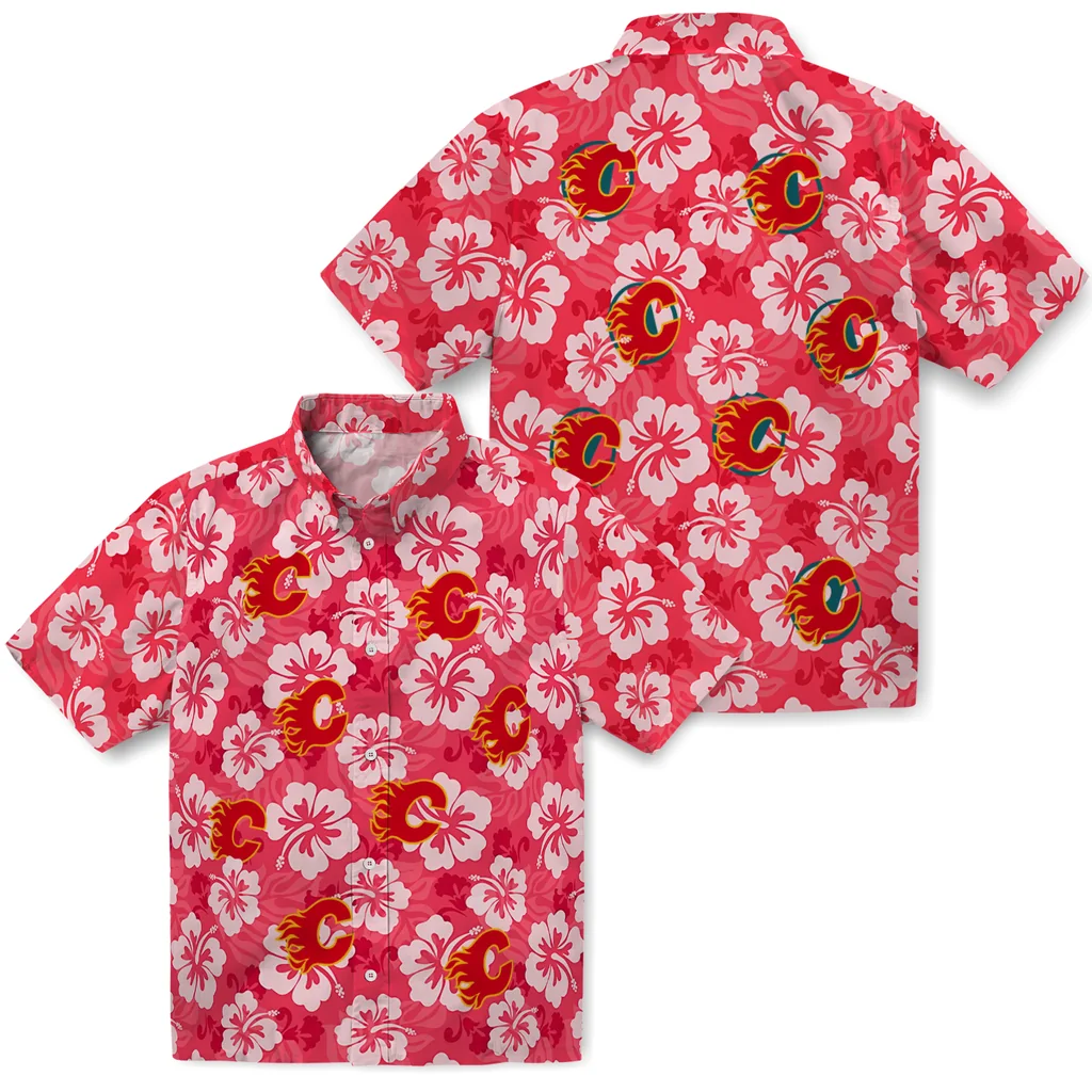 Calgary Flames Hawaiian Shirt - Hibiscus Cluster calgary flames hibiscus cluster red hawaiian shirts high quality