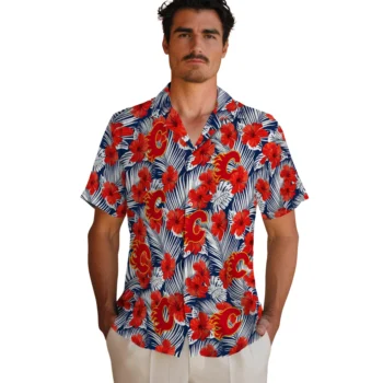 calgary flames hibiscus fiesta red royal blue hawaiian shirts fashion forward