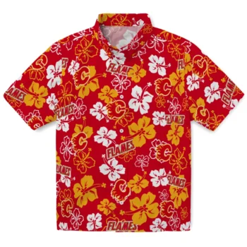 calgary flames hibiscus bloom red hawaiian shirts best selling