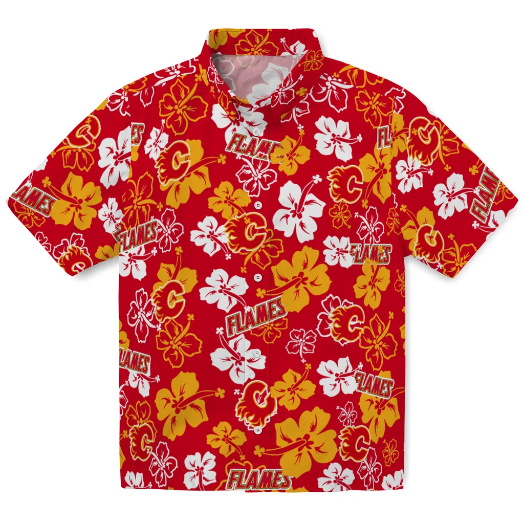 Calgary Flames Hawaiian Shirt - Hibiscus Flower Design calgary flames hibiscus bloom red hawaiian shirts best selling