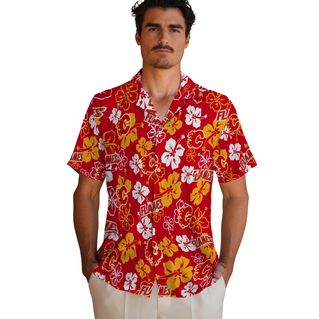Calgary Flames Hawaiian Shirt - Hibiscus Flower Design calgary flames hibiscus bloom red hawaiian shirts fashion forward