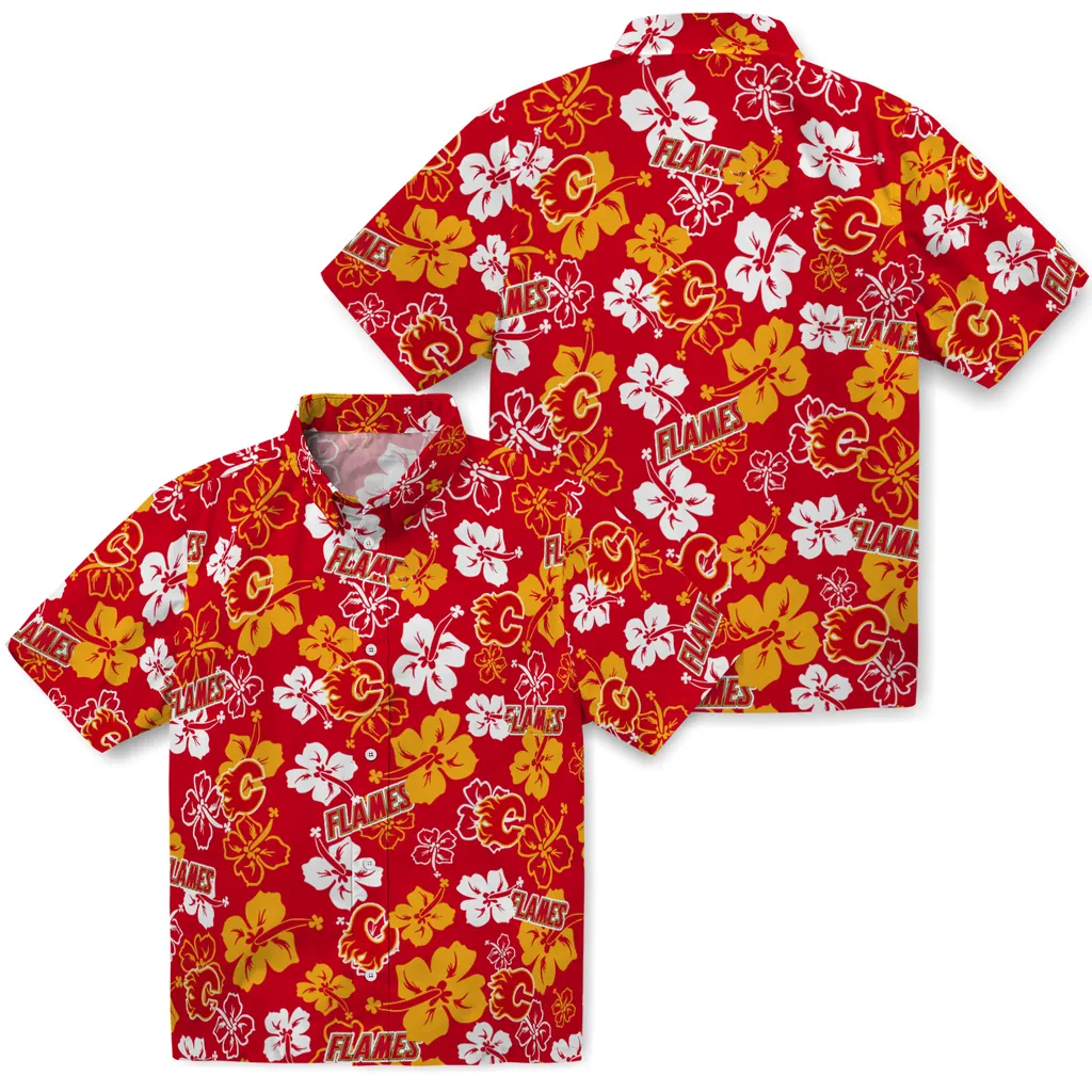 Calgary Flames Hawaiian Shirt - Hibiscus Flower Design calgary flames hibiscus bloom red hawaiian shirts high quality