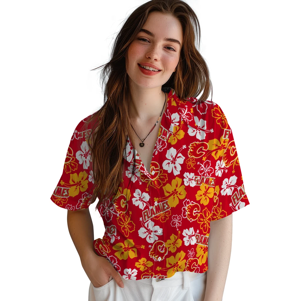 Calgary Flames Hawaiian Shirt - Hibiscus Flower Design calgary flames hibiscus bloom red hawaiian shirts latest model