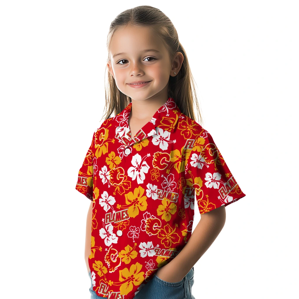 Calgary Flames Hawaiian Shirt - Hibiscus Flower Design calgary flames hibiscus bloom red hawaiian shirts premium grade