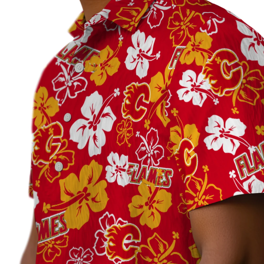 Calgary Flames Hawaiian Shirt - Hibiscus Flower Design calgary flames hibiscus bloom red hawaiian shirts trendy