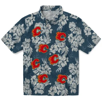 calgary flames hibiscus flowers navy blue hawaiian shirts best selling