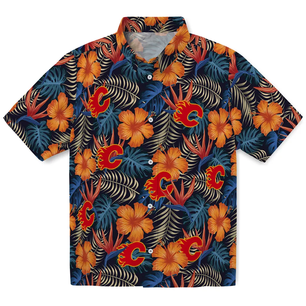 Calgary Flames Hawaiian Shirt - Hibiscus Foliage calgary flames hibiscus foliage hawaiian shirts best selling