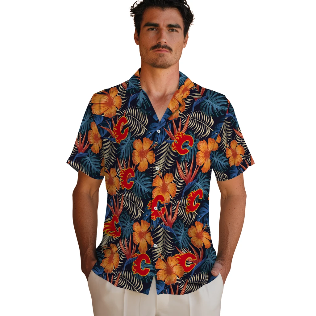 Calgary Flames Hawaiian Shirt - Hibiscus Foliage calgary flames hibiscus foliage hawaiian shirts fashion forward