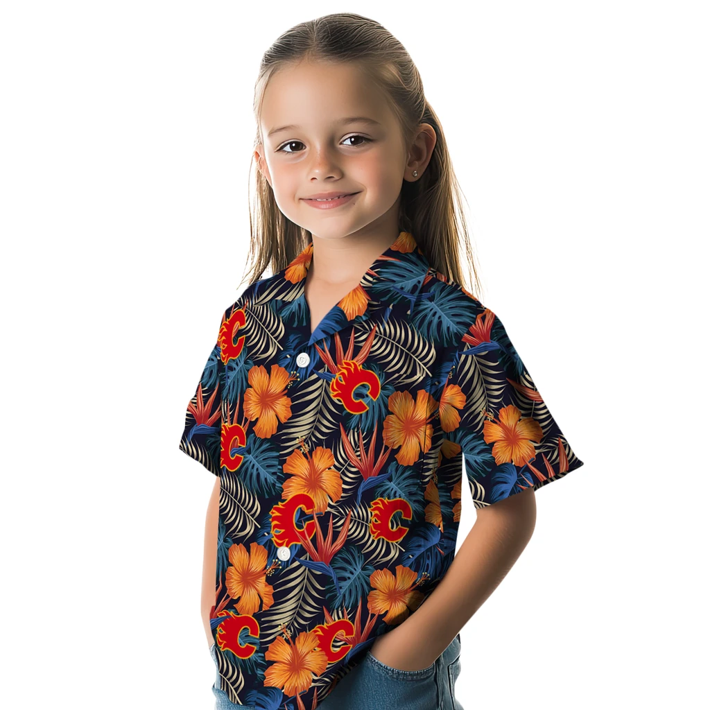 Calgary Flames Hawaiian Shirt - Hibiscus Foliage calgary flames hibiscus foliage hawaiian shirts premium grade