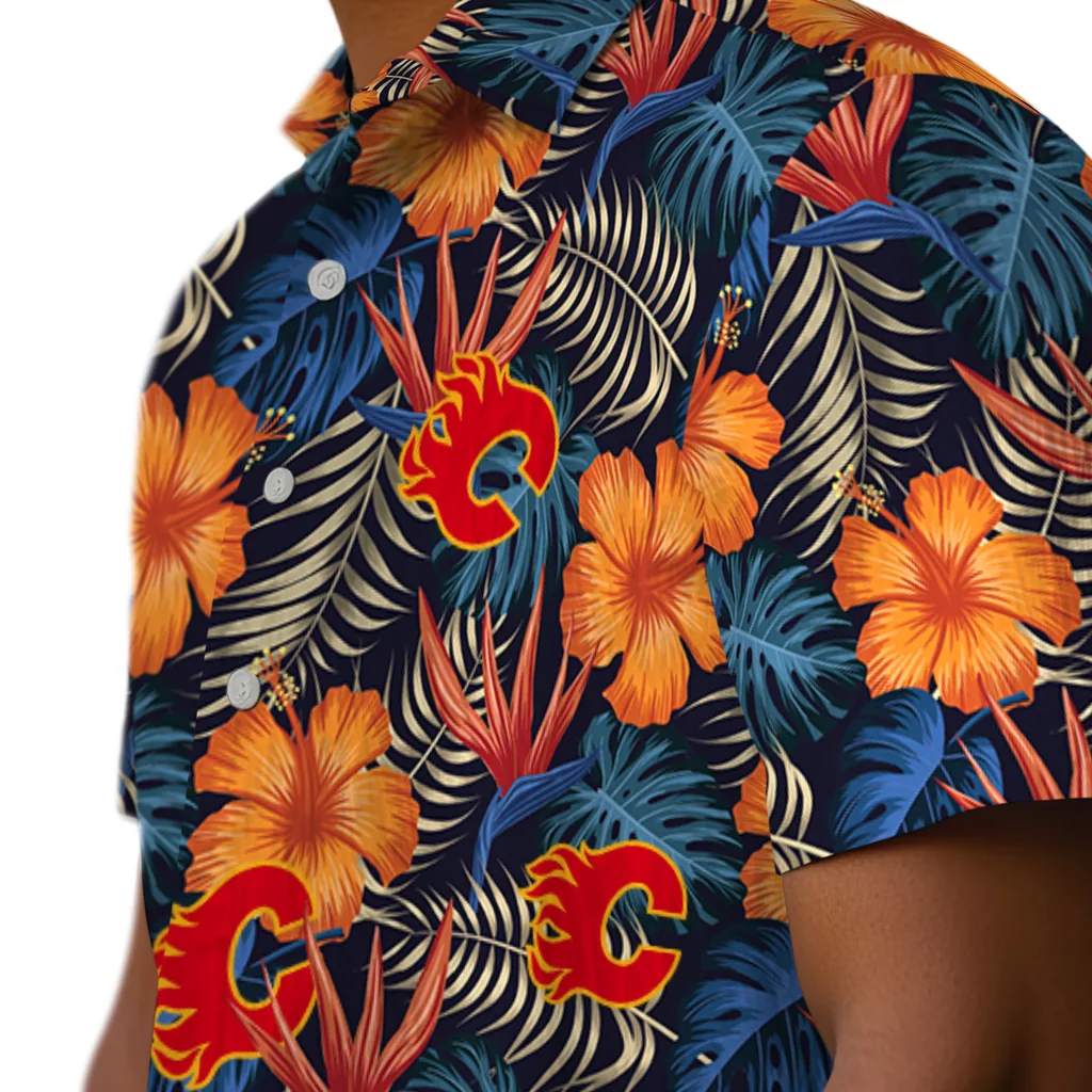 Calgary Flames Hawaiian Shirt - Hibiscus Foliage calgary flames hibiscus foliage hawaiian shirts trendy