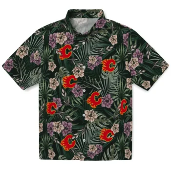 calgary flames hibiscus leaves pattern green hawaiian shirts best selling