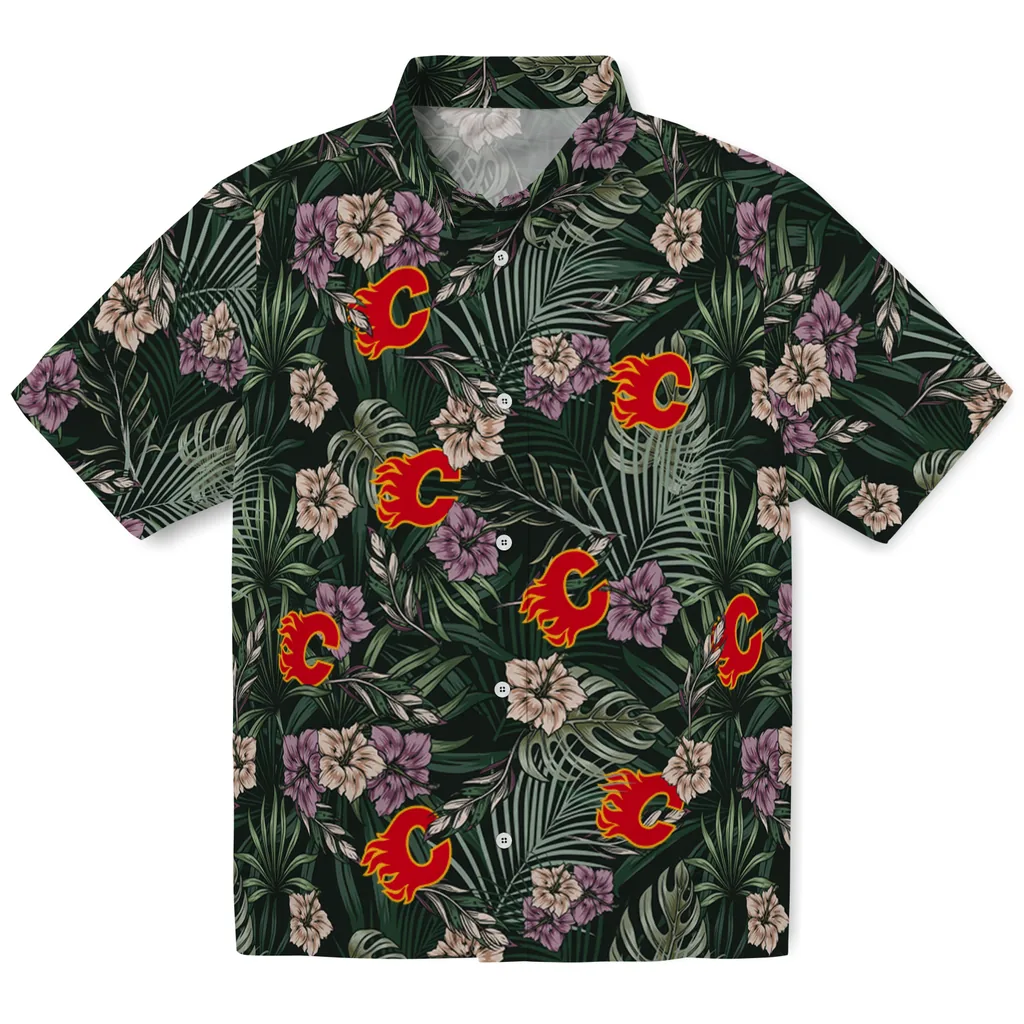 Calgary Flames Hawaiian Shirt - Hibiscus Leaves Pattern calgary flames hibiscus leaves pattern green hawaiian shirts best selling