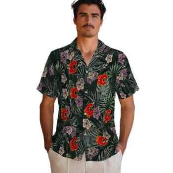 calgary flames hibiscus leaves pattern green hawaiian shirts fashion forward